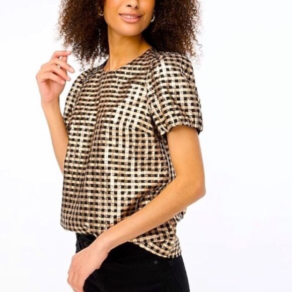 J Crew Lurex Gold Puff Sleeve Top - Picture 1 of 7